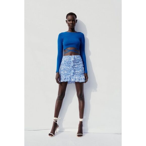 NWT Zara Floral Print Draped Ruffled & Gathered High Waisted Mini Skirt, Medium - Picture 2 of 12